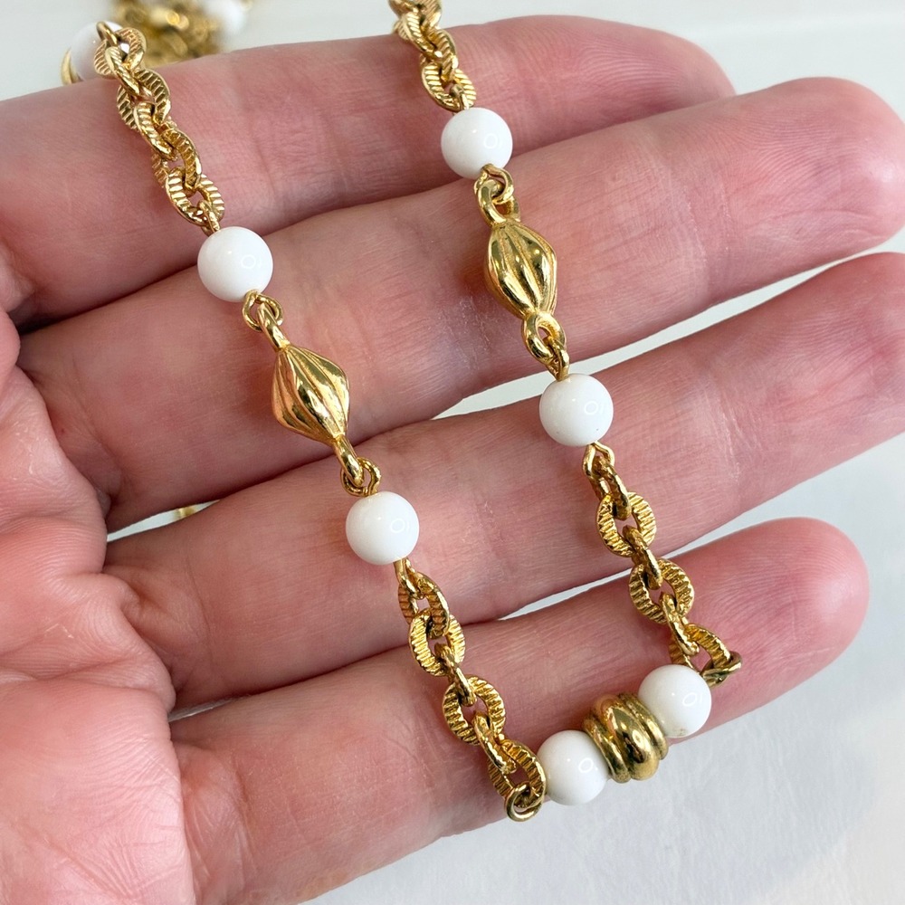Vintage Monet Necklace Gold Tone White Milk Glass Bead Station Chain 28"
